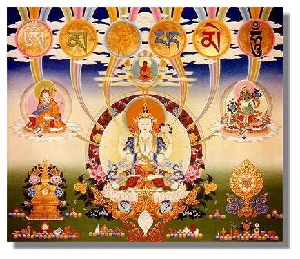 Chenrezig, Padmasambhava (left)  Green Tara (right)